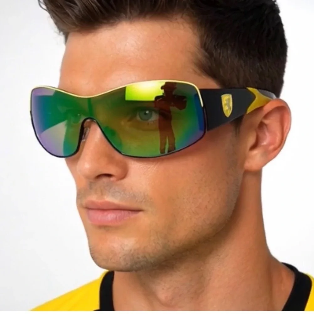 Men Black Yellow Wrap Sunglasses Green Mirror Shield Racing Sport Fishing Shades
